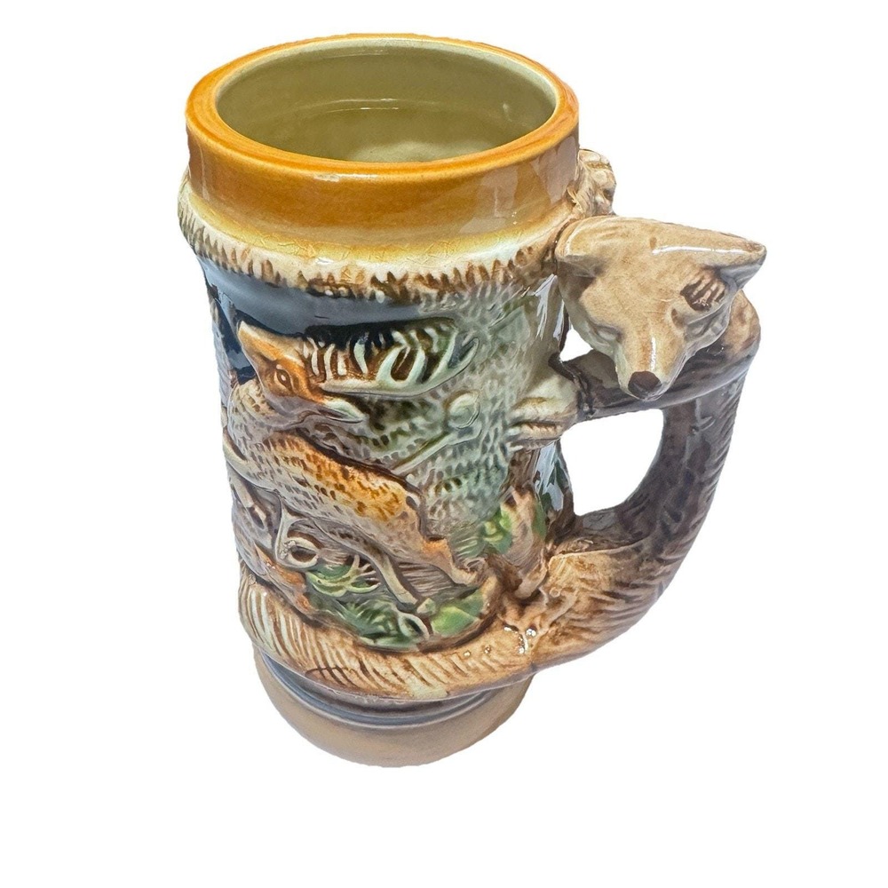 Vintage Made in Japan Ceramic Beer Stein 3D Relief Forest Deer Fox Handle 7.5in